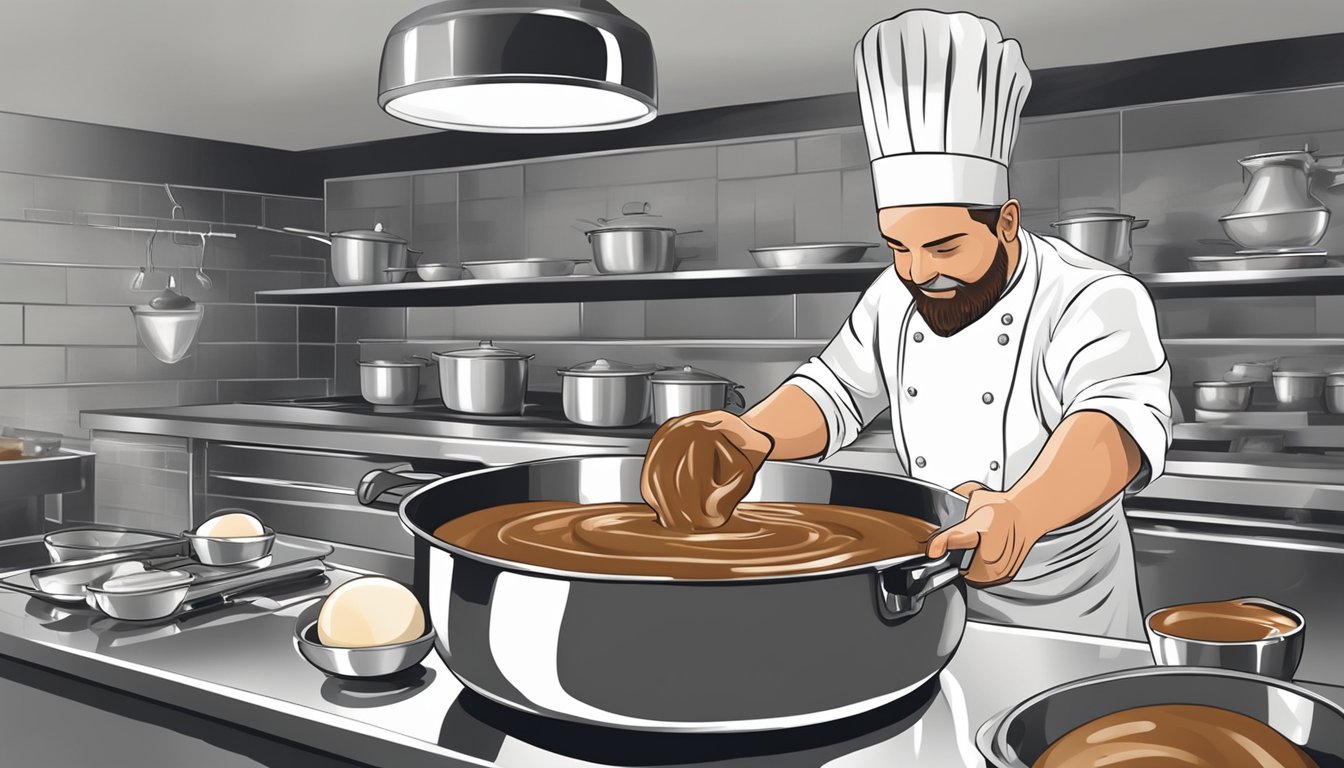 A chef whipping together melted chocolate, eggs, and cream in a stainless steel bowl