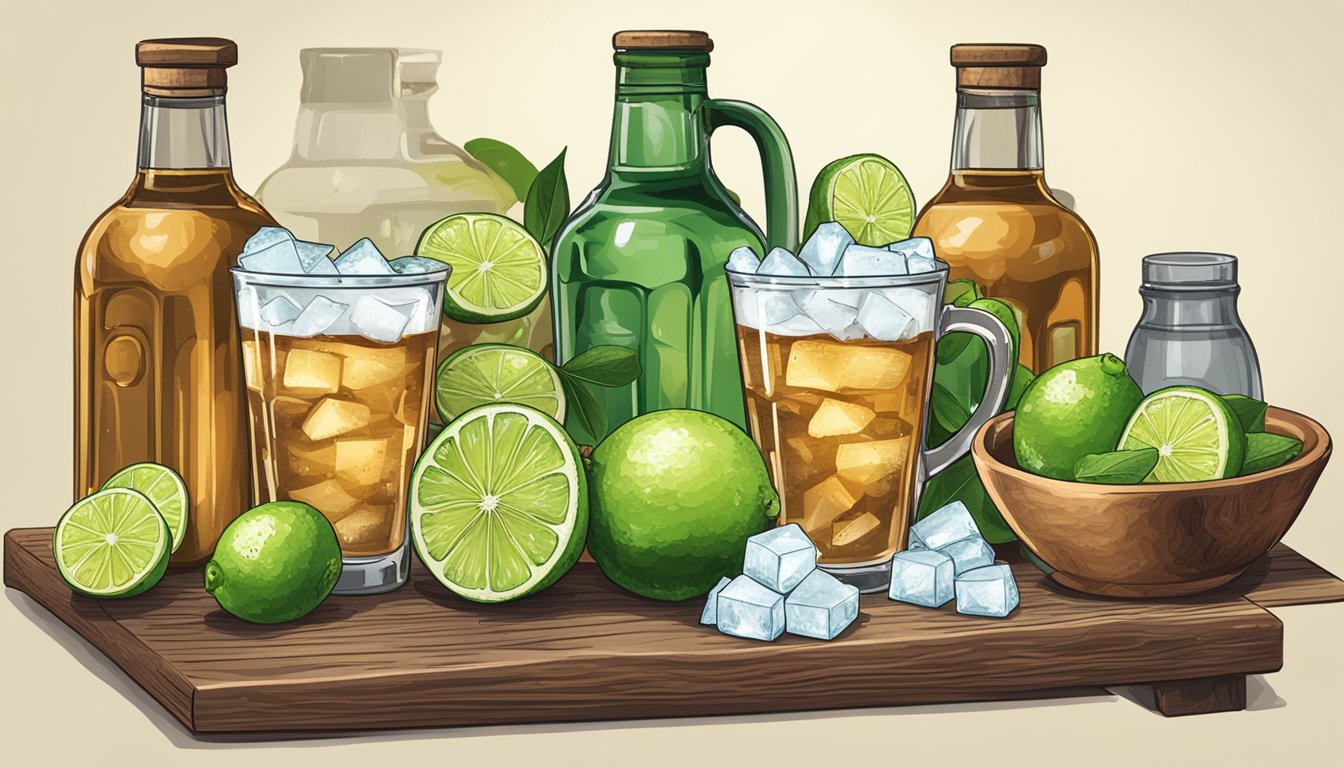 A rustic wooden table with copper mugs, limes, and ginger beer, surrounded by bottles of vodka and a bowl of crushed ice