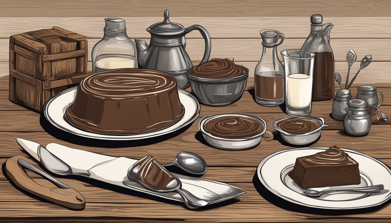 A rustic kitchen with a vintage wooden table set with a silver tray holding a decadent Texas-style chocolate mousse, surrounded by antique serving utensils and a chilled bottle of milk