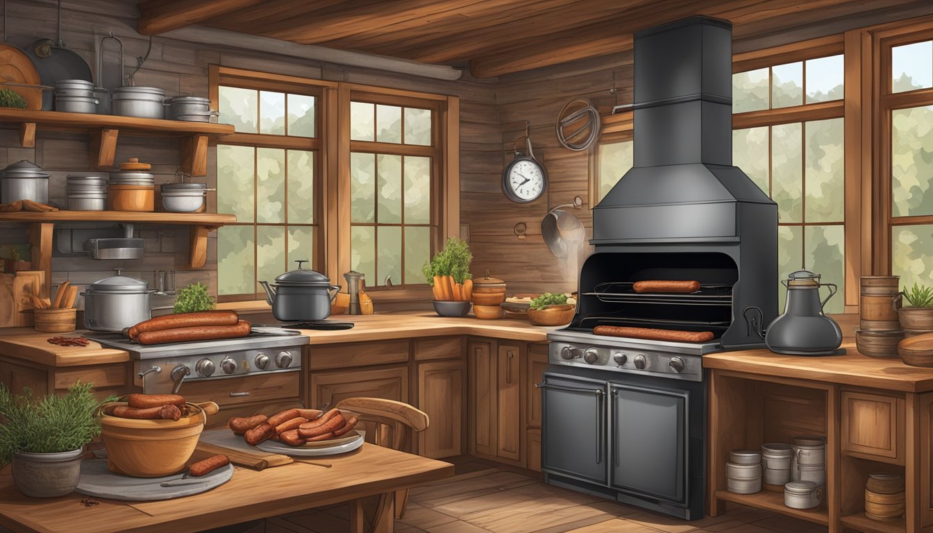 A rustic kitchen with a wood-burning smoker, a variety of spices, and a pile of fresh Texas-style smoked sausage links