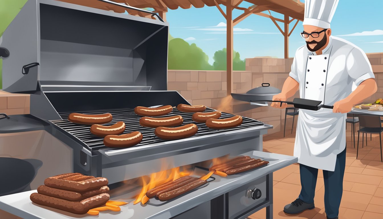 A chef grills Texas-style sausage links over a smoky barbecue, using tongs to turn them. Safety gloves and a clean cooking area are visible