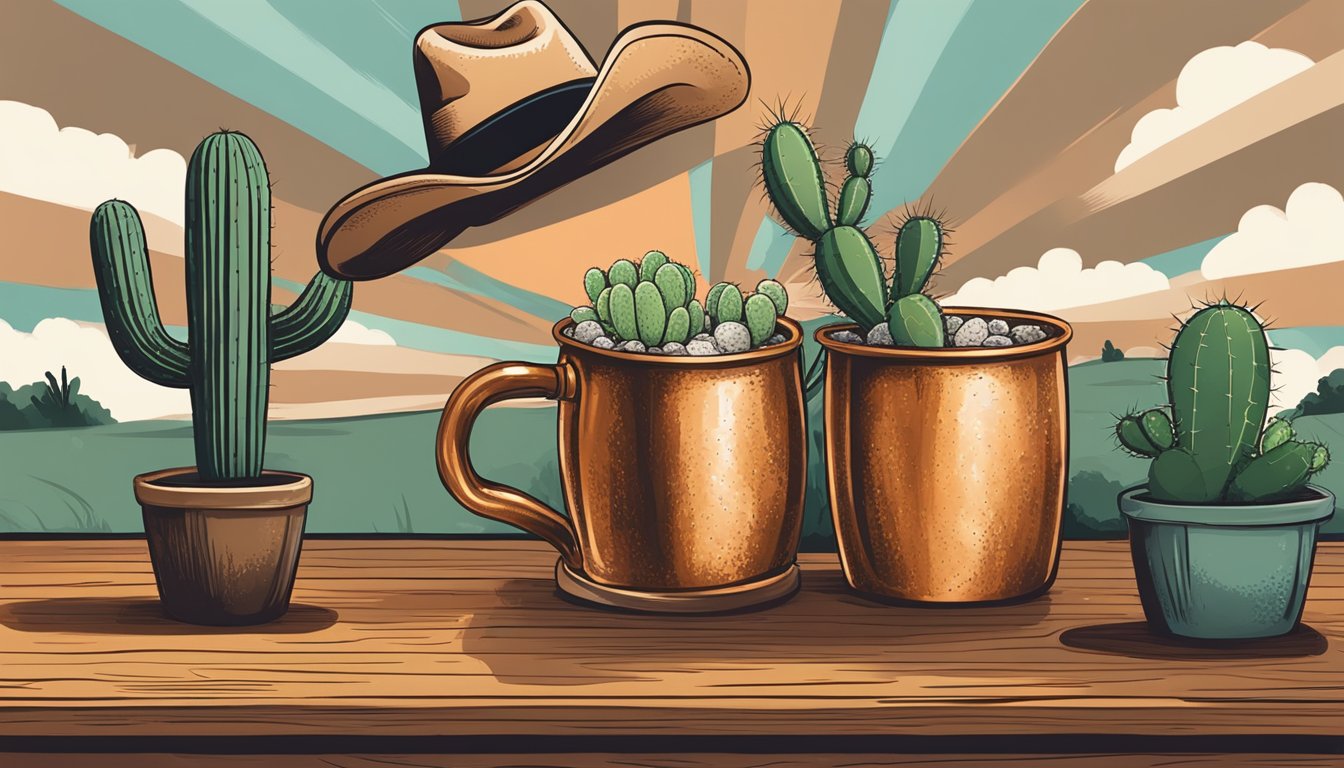 A rustic Texas-themed bar setting with a cowboy hat, cactus, and a copper mug filled with a Moscow Mule cocktail