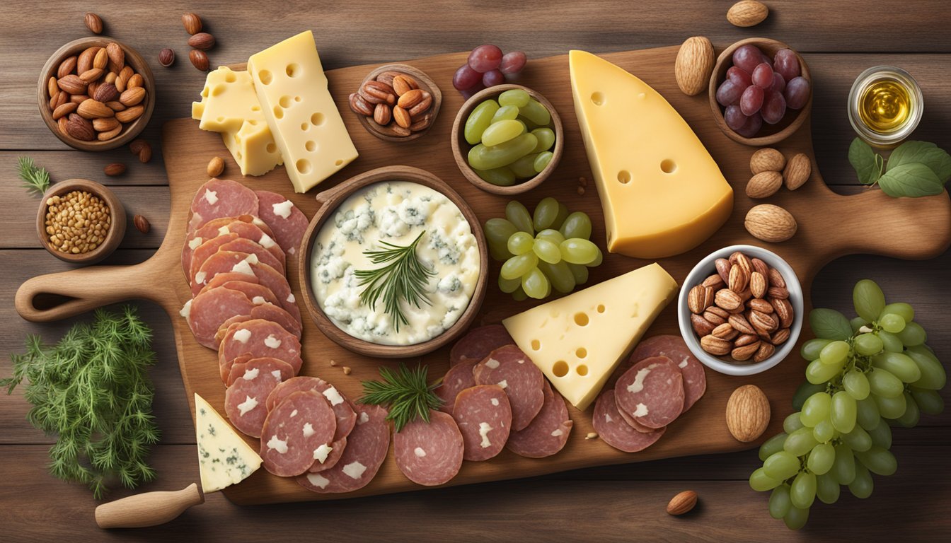 A rustic wooden board adorned with a variety of Texas cheeses, cured meats, pickles, nuts, and honey, surrounded by sprigs of fresh herbs and clusters of grapes