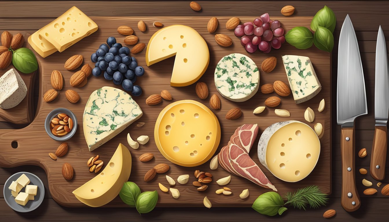 A rustic wooden board with an array of cheeses, meats, fruits, and nuts, surrounded by a variety of knives and utensils