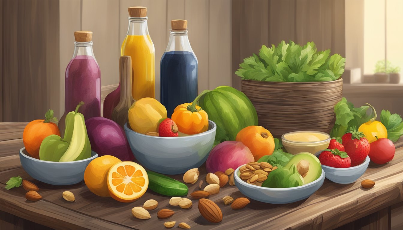 A rustic wooden table with a colorful assortment of fresh fruits, vegetables, and nuts, along with a bottle of dressing and a mixing bowl