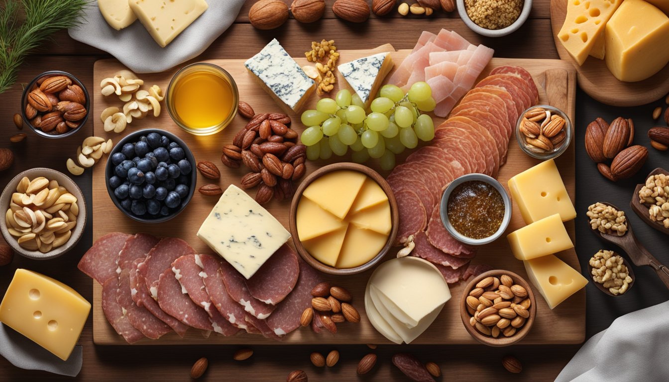 A wooden board with an array of Texas cheeses, cured meats, fruits, nuts, and honey arranged in an artful and appetizing display