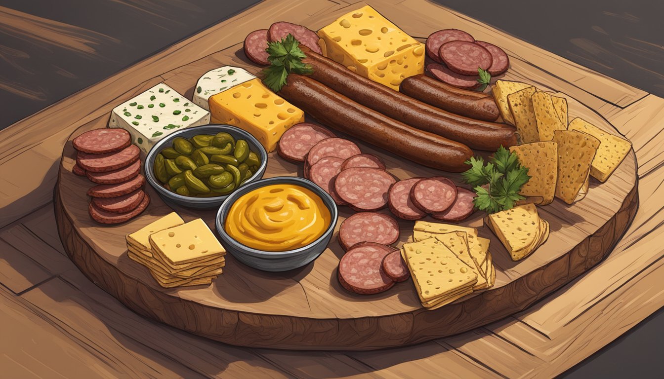 A wooden board adorned with an array of smoked sausages, brisket, pickles, jalapenos, and various cheeses, accompanied by crackers and a dollop of spicy mustard