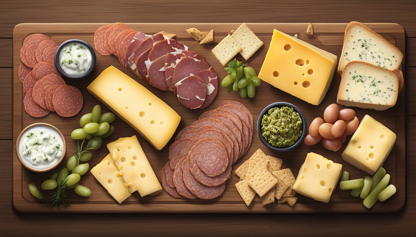 A rustic wooden board with a variety of Texas cheeses, cured meats, pickles, and crackers arranged in an artful display