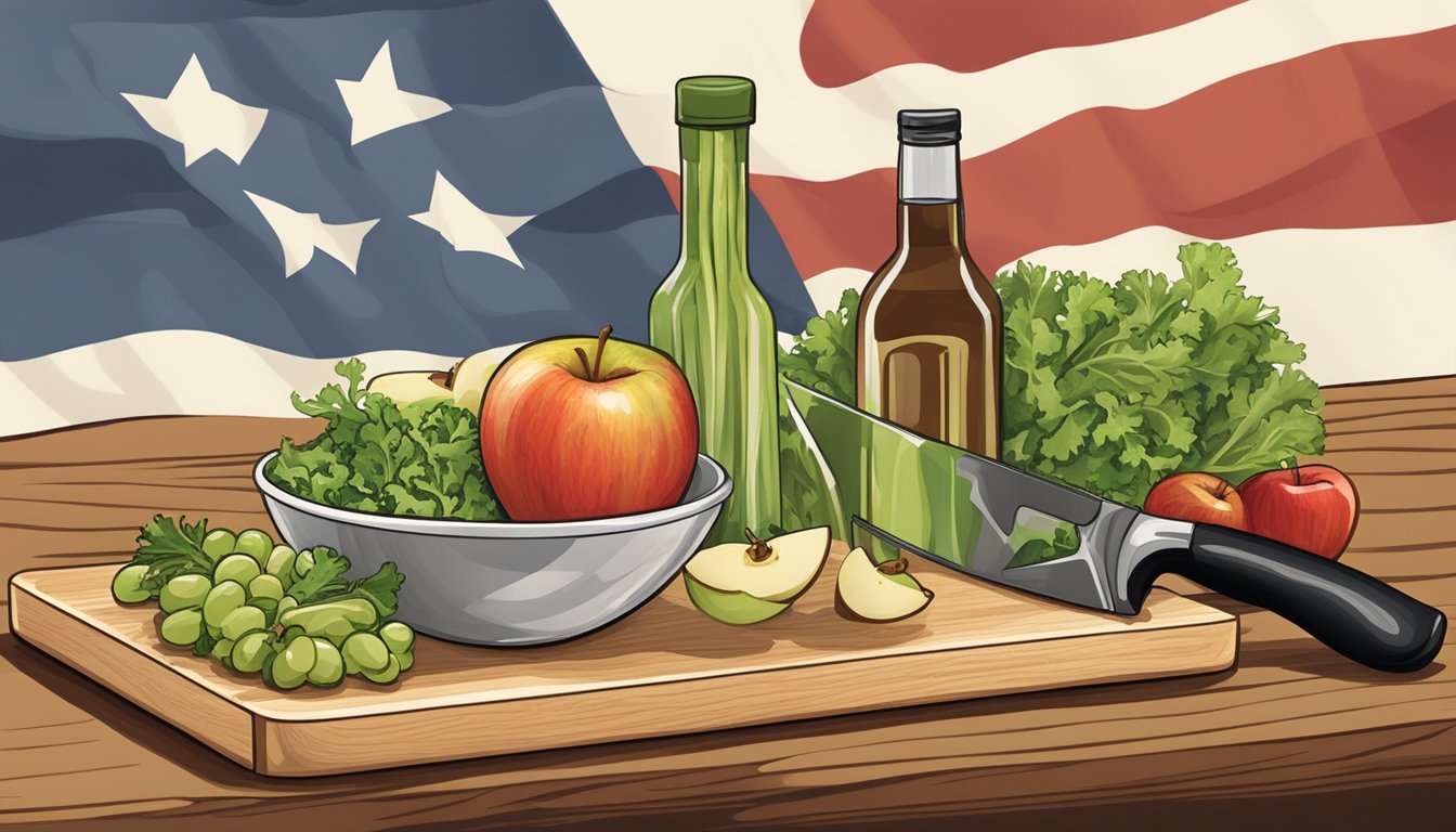 A wooden cutting board with a chef's knife, a bowl of mixed greens, diced apples, celery, grapes, and walnuts, a bottle of vinaigrette, and a Texas flag napkin