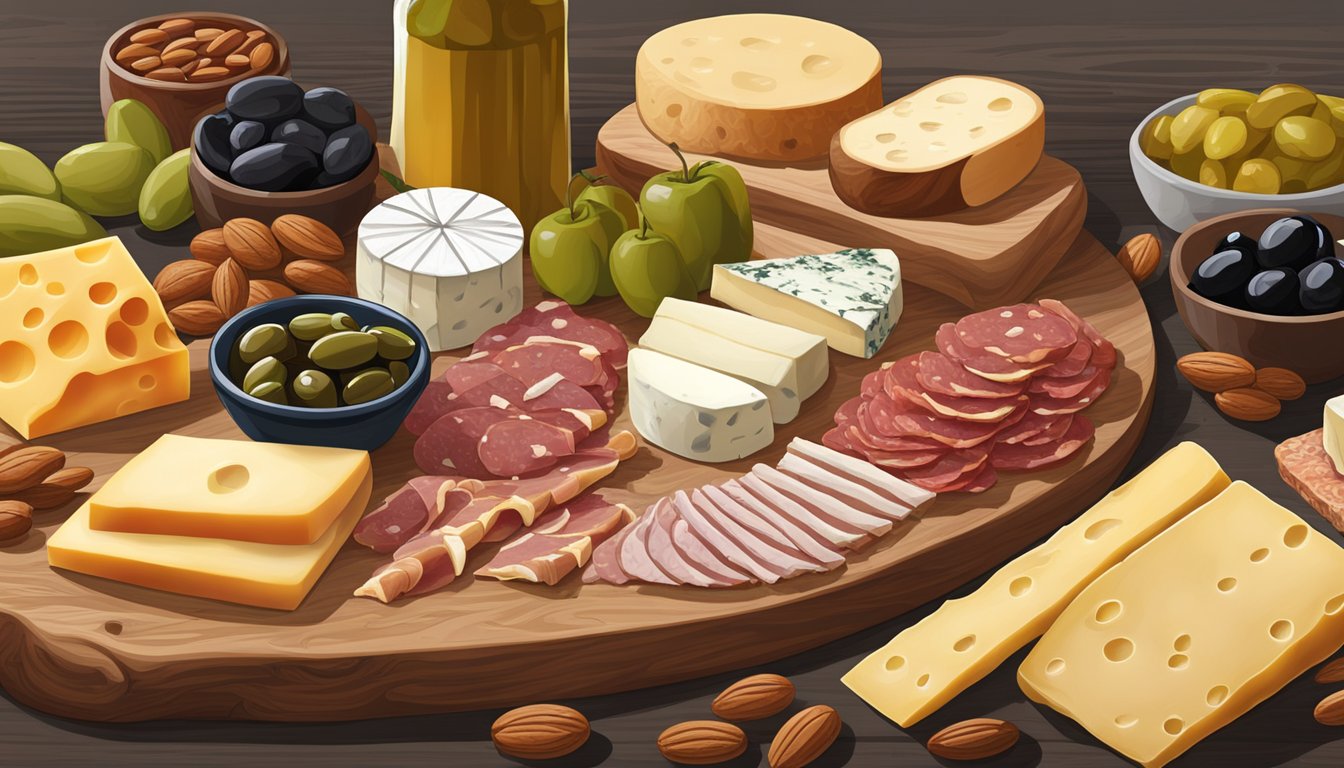 A wooden board with an assortment of Texas cheeses, cured meats, pickles, olives, nuts, and fruit arranged in an artful display