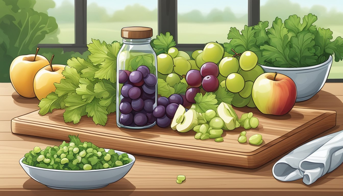 A wooden cutting board with diced apples, celery, walnuts, and grapes arranged neatly, surrounded by a bowl of mixed greens and a bottle of vinaigrette