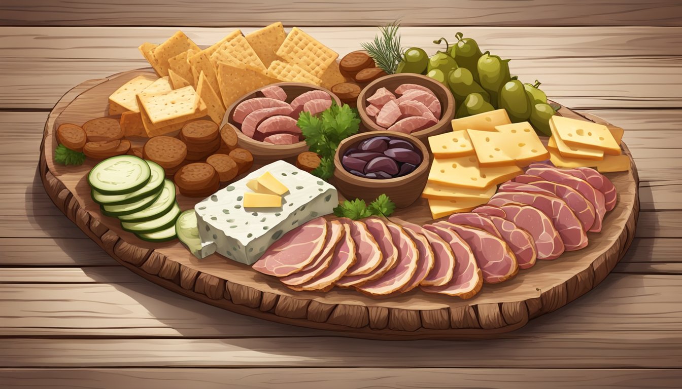 A rustic wooden platter adorned with an assortment of smoked meats, cheeses, pickles, and crackers, arranged in a visually appealing and appetizing manner