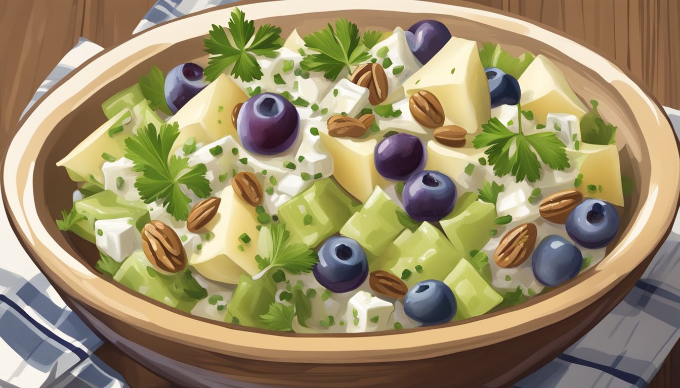 A bowl of Texas-style Waldorf salad with diced apples, celery, grapes, and walnuts, topped with a drizzle of creamy dressing and a sprinkle of fresh parsley