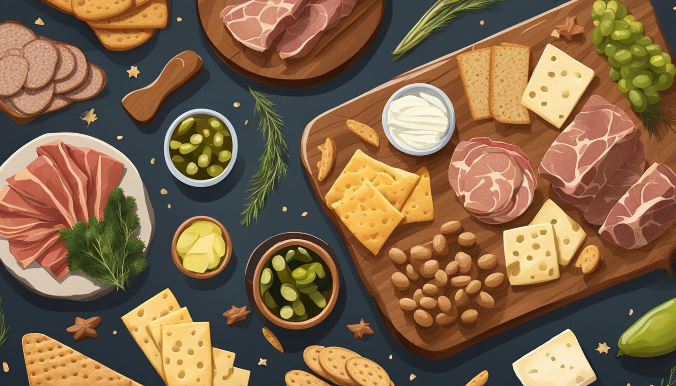 A wooden cutting board with an assortment of smoked meats, cheeses, pickles, and crackers arranged in a rustic and inviting manner