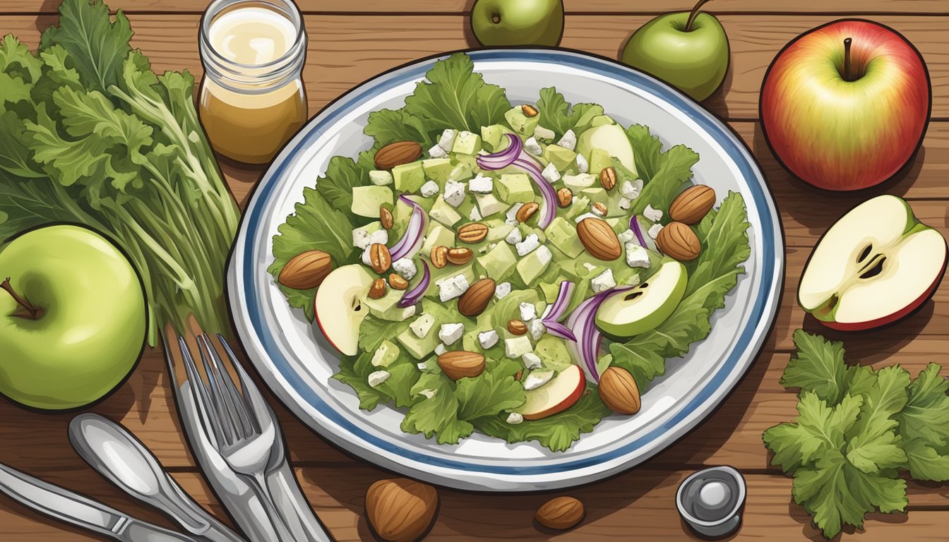 A wooden table set with a bowl of Texas style waldorf salad, surrounded by fresh ingredients like apples, celery, walnuts, and a bottle of dressing