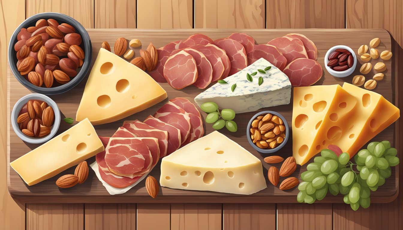 A wooden board adorned with a variety of Texas cheese, cured meats, nuts, fruits, and spreads, arranged in an aesthetically pleasing and appetizing manner