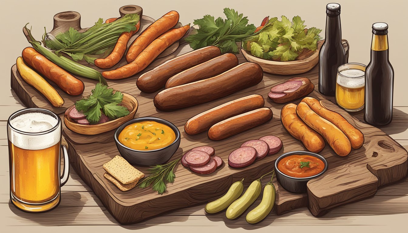 A rustic wooden board holds an assortment of smoked sausages, pickled vegetables, and spicy mustard, alongside a selection of craft beers and local wines