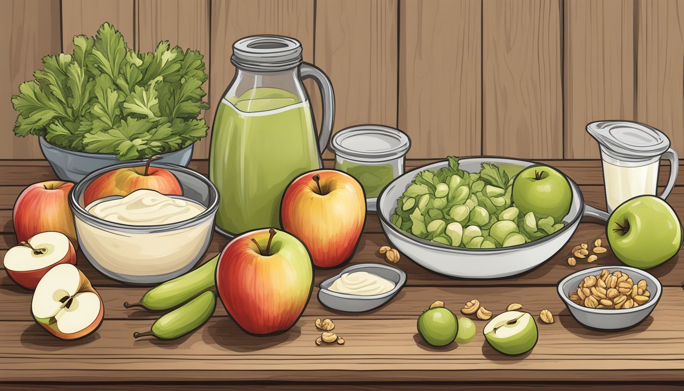 A rustic wooden table with fresh ingredients: crisp apples, crunchy walnuts, celery, and mayonnaise, ready to be mixed for a Texas-style Waldorf salad