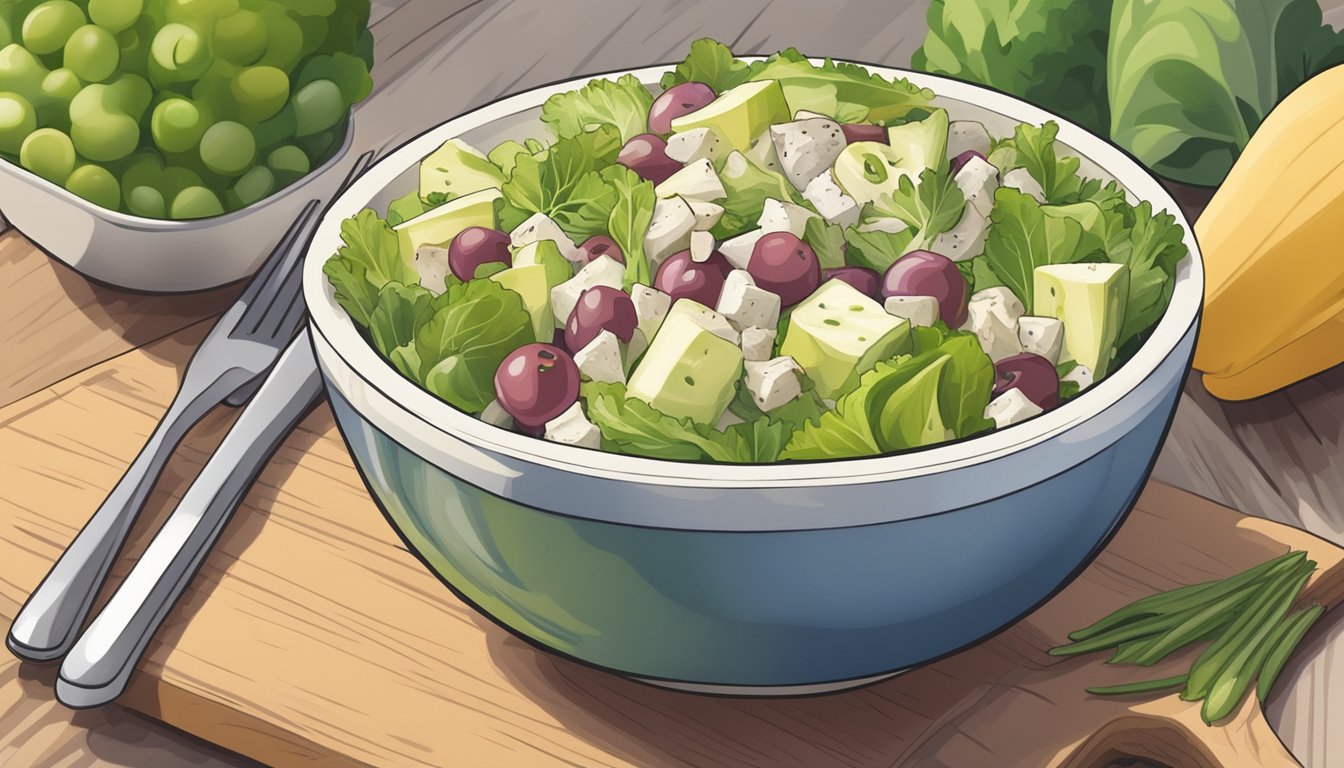 A bowl of Texas-style Waldorf salad surrounded by fresh ingredients and a nutritional information label