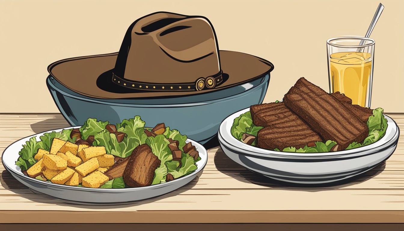 A cowboy hat and boots sit next to a bowl of Caesar salad topped with barbecue brisket and cornbread croutons