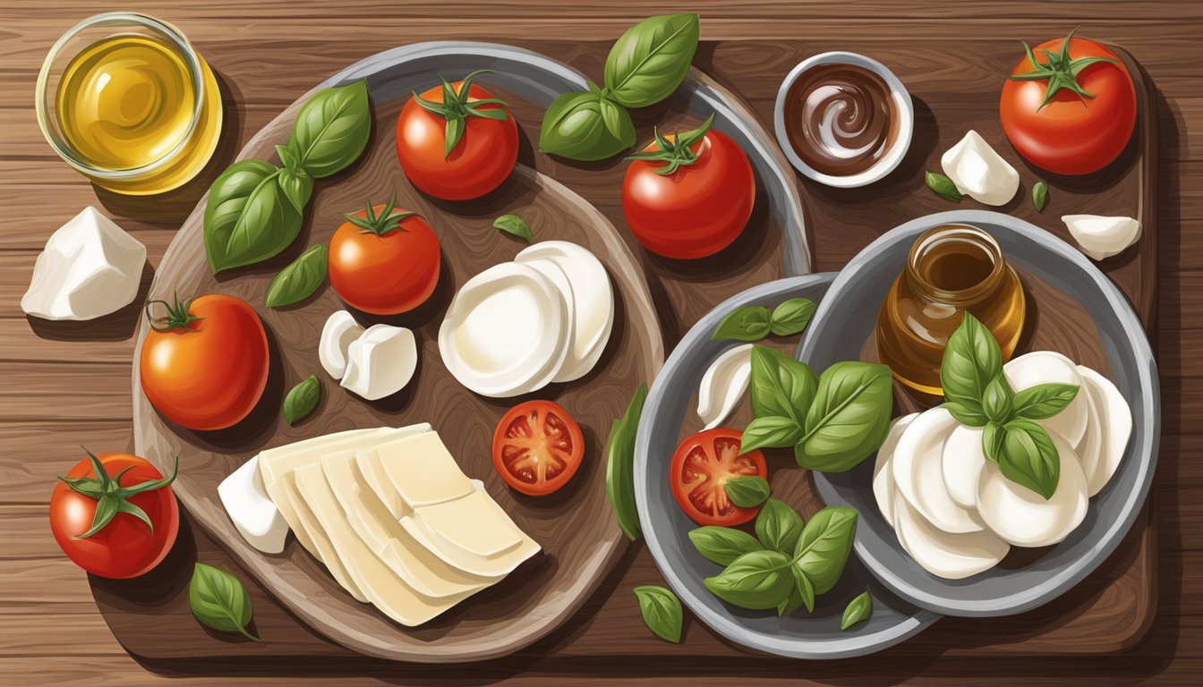 A rustic wooden cutting board holds ripe local tomatoes, fresh mozzarella, basil, olive oil, and balsamic vinegar for a Texas-style caprese salad