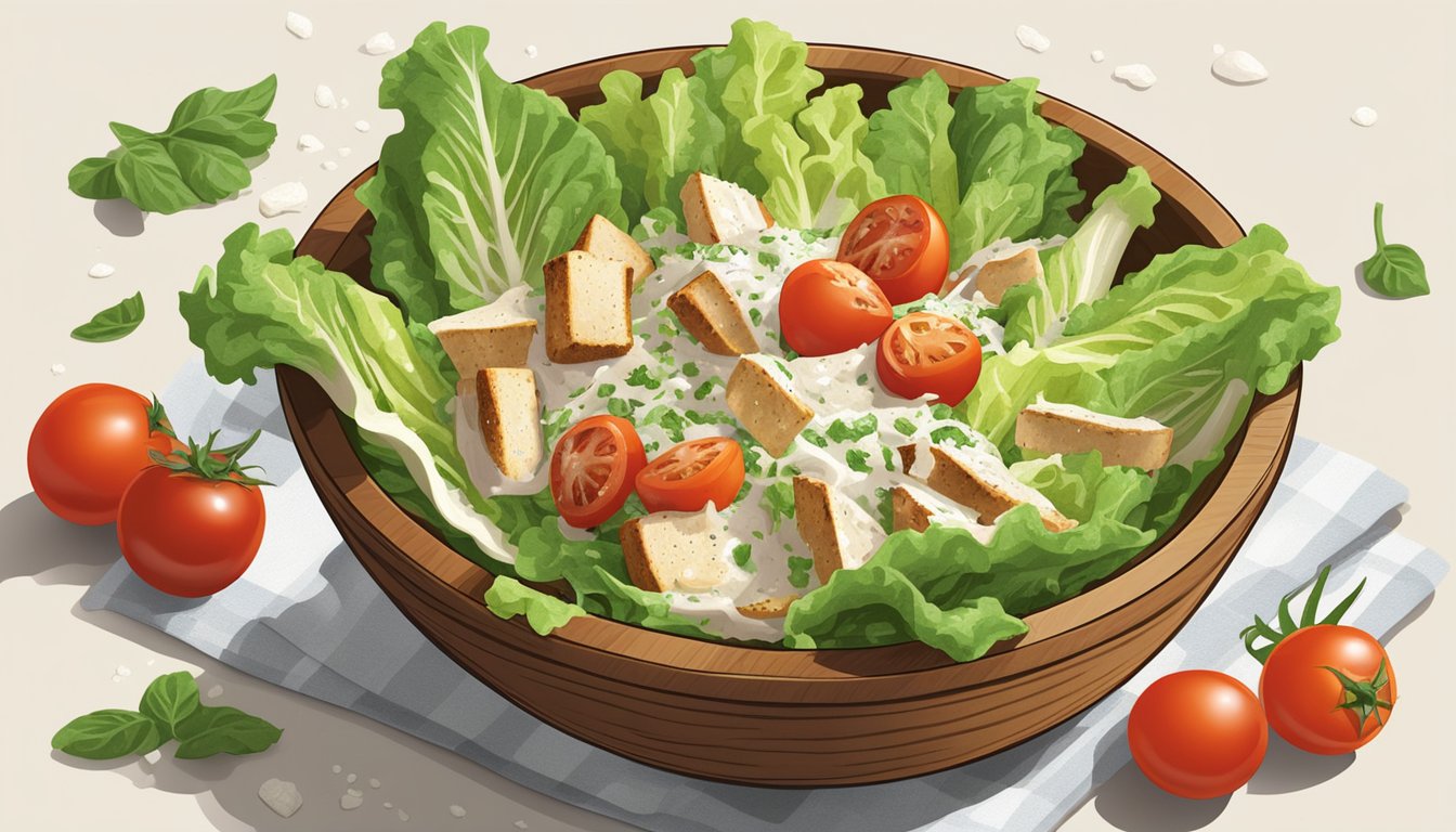 A wooden bowl filled with romaine lettuce, croutons, and grated Parmesan cheese, drizzled with creamy Caesar dressing, surrounded by cherry tomatoes and slices of grilled chicken