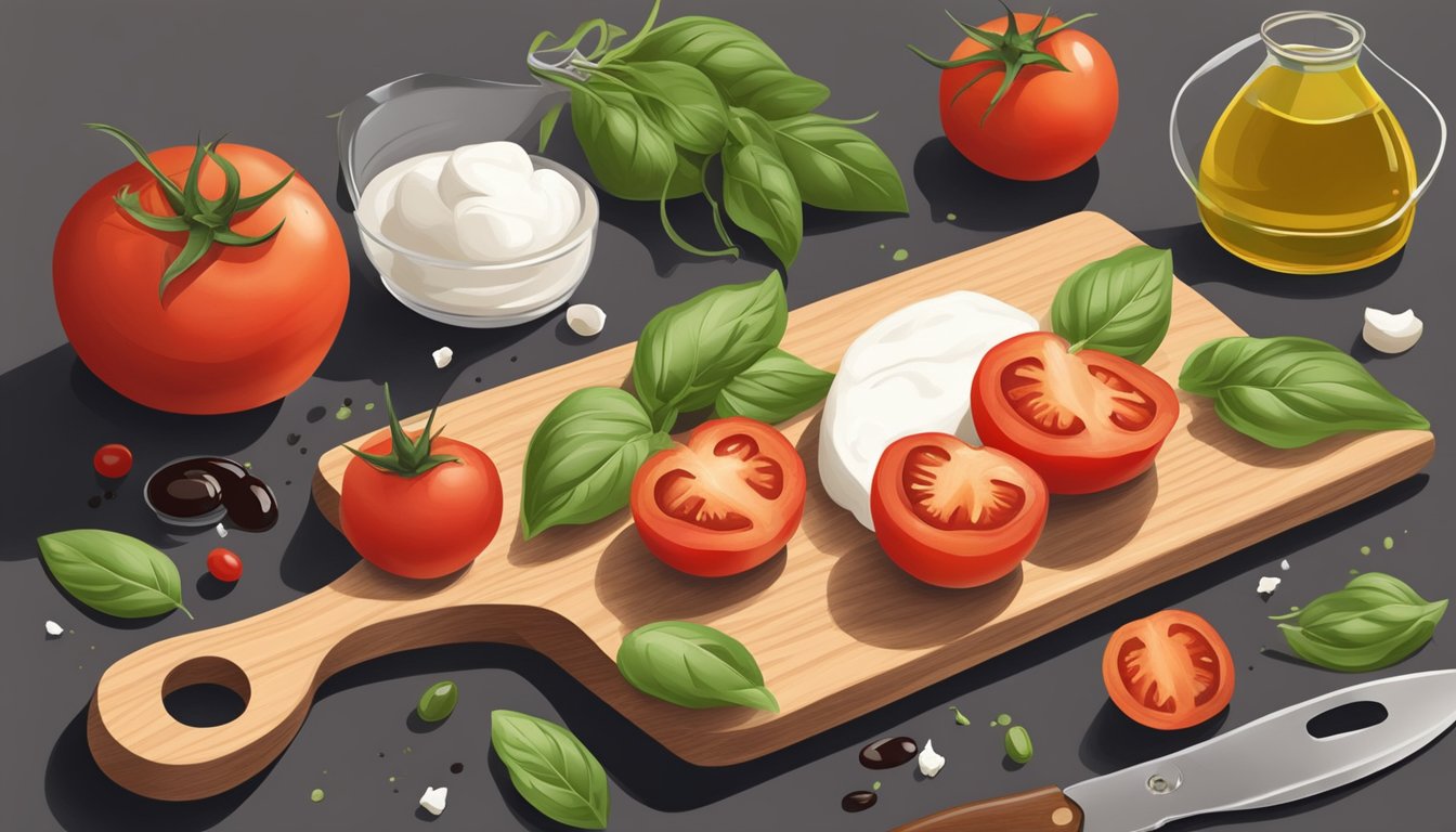 A wooden cutting board with ripe local tomatoes, fresh basil, mozzarella, olive oil, balsamic vinegar, and a sharp knife