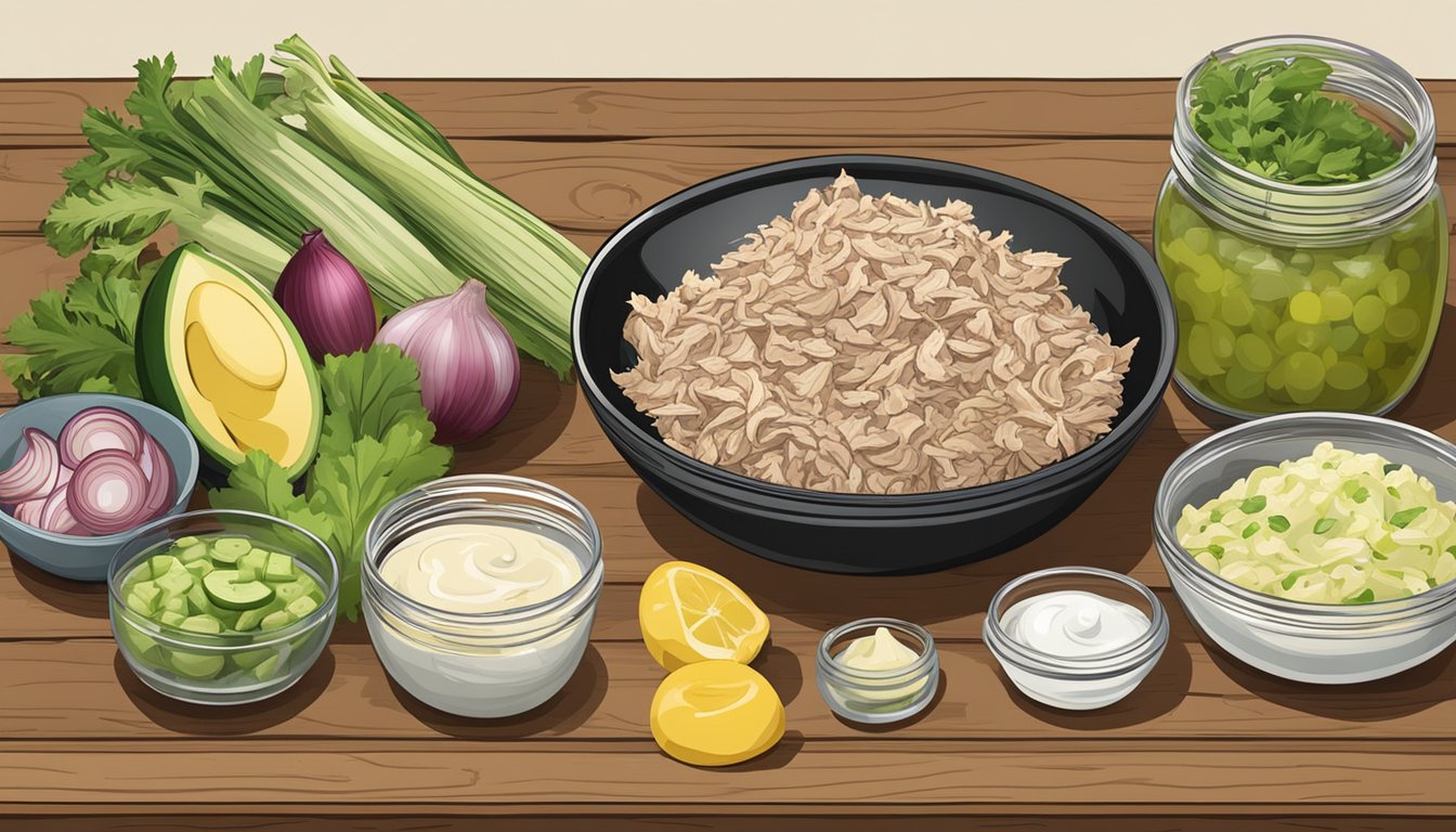 A rustic wooden table with ingredients for Texas-style tuna salad: canned tuna, mayonnaise, pickles, onions, celery, mustard, and a bowl for mixing