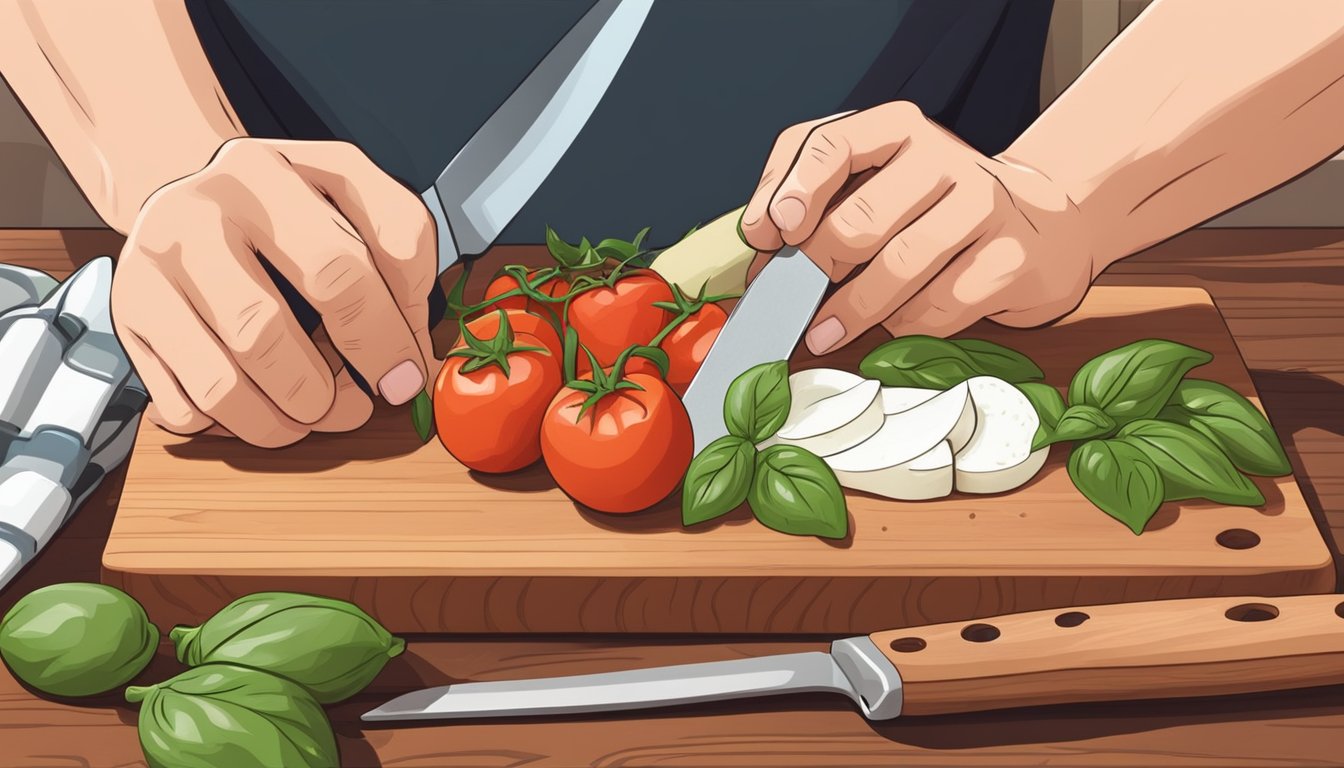 A hand holding a knife slicing ripe, local tomatoes on a wooden cutting board, surrounded by fresh basil and mozzarella