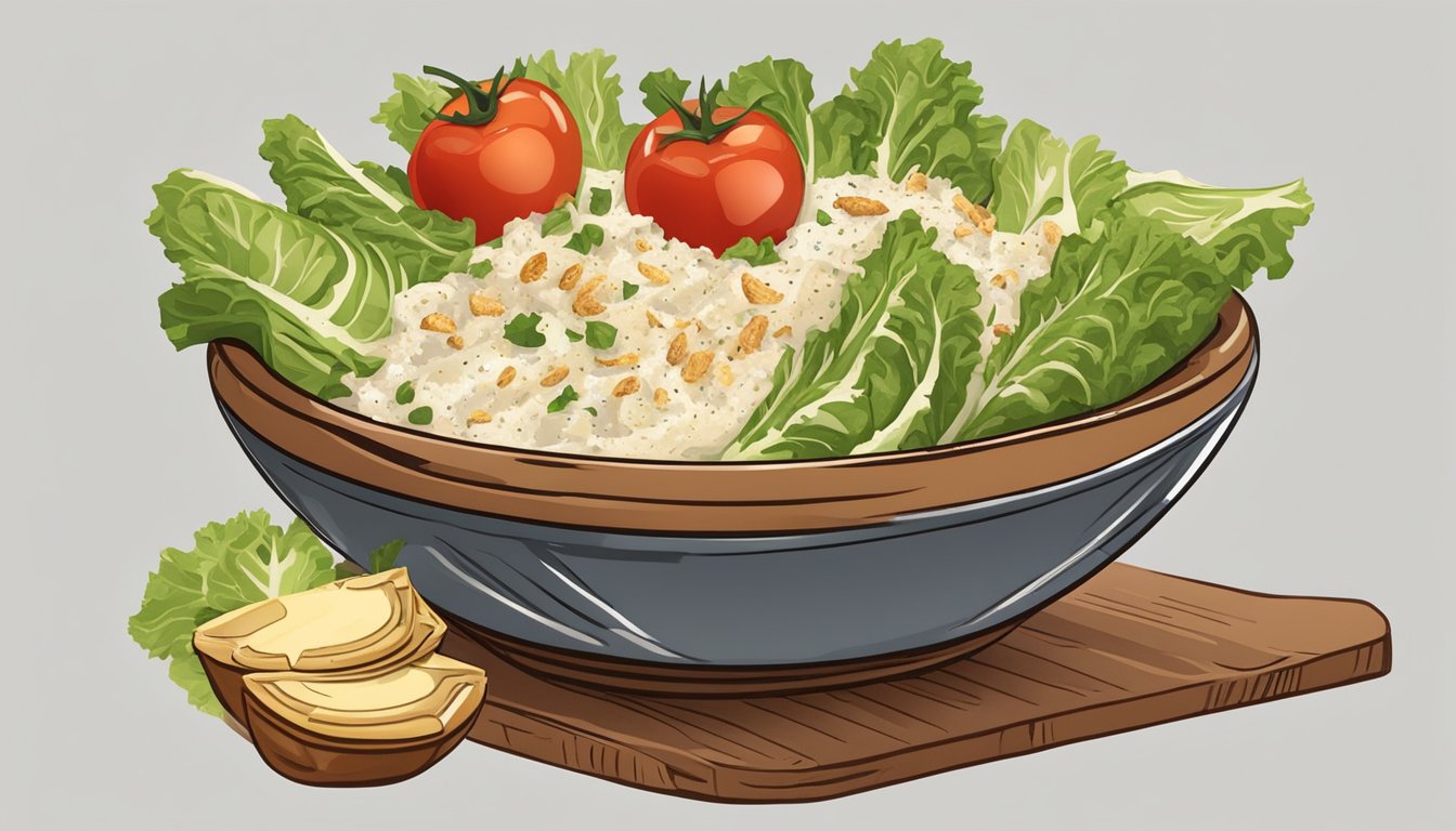 A wooden bowl filled with romaine lettuce, croutons, and grated parmesan cheese, drizzled with creamy Caesar dressing, topped with grilled chicken and cherry tomatoes