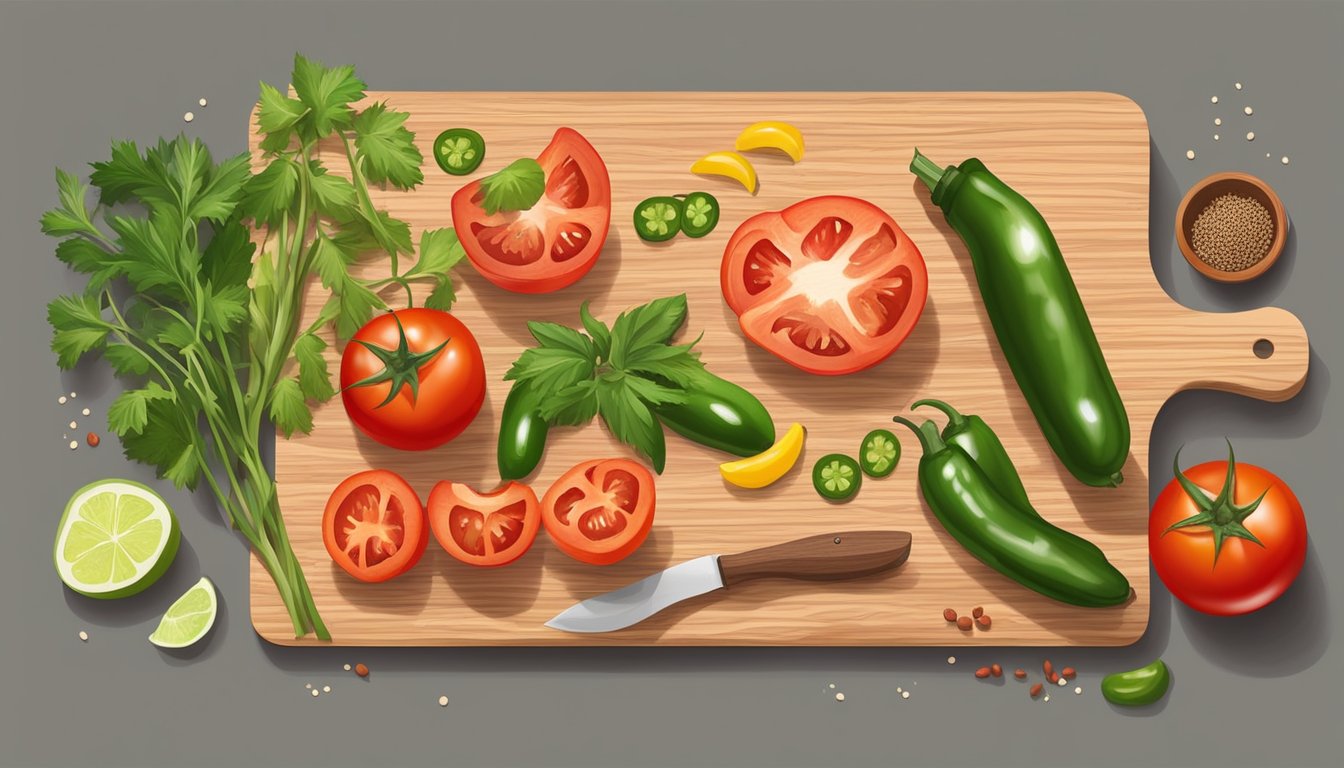 A wooden cutting board with fresh tomatoes, jalapenos, cilantro, and a can of tuna, surrounded by Texan spices and a bottle of olive oil