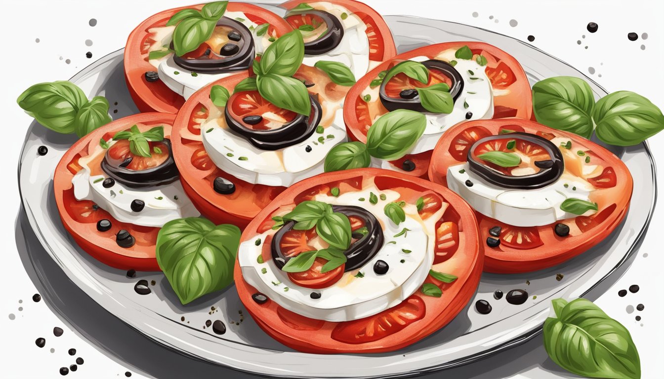 Fresh local tomatoes, sliced thickly, layered with creamy mozzarella, and drizzled with balsamic reduction, sprinkled with chopped fresh basil and cracked black pepper