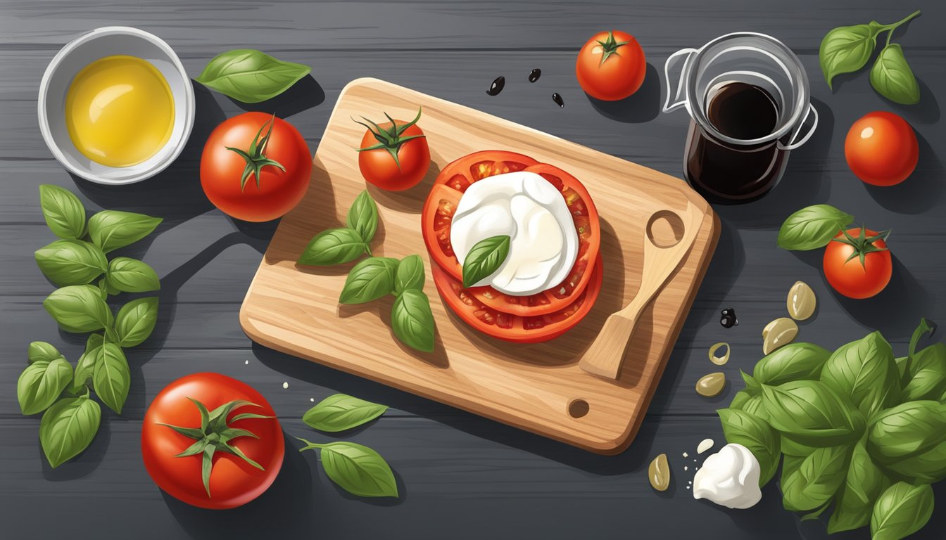 A wooden cutting board with sliced local tomatoes, fresh mozzarella, basil, and balsamic glaze next to a bottle of olive oil