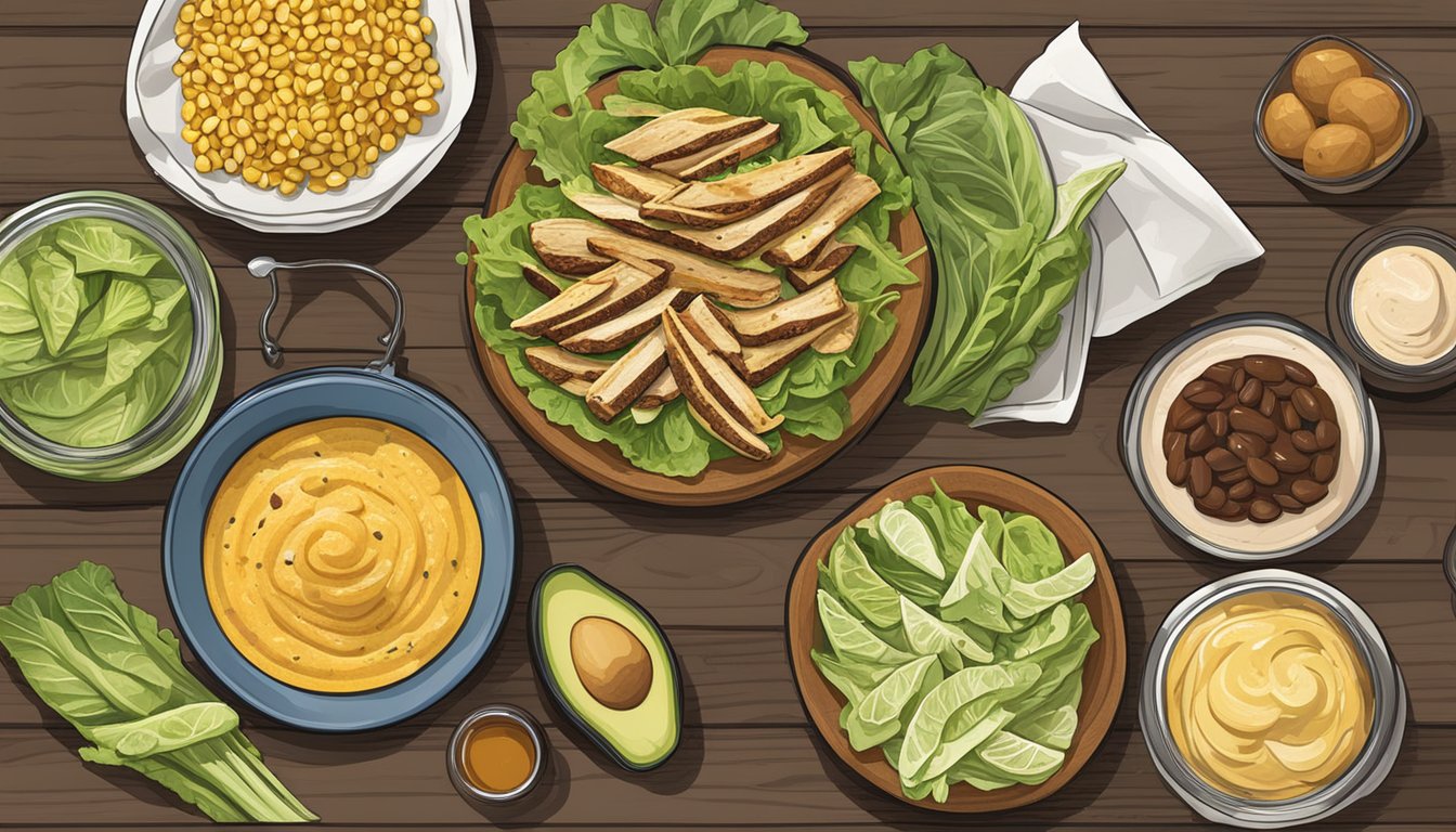 A rustic wooden table set with ingredients for a Texas-style Caesar salad: romaine lettuce, grilled chicken, corn, black beans, avocado, tortilla strips, and a jar of spicy chipotle dressing