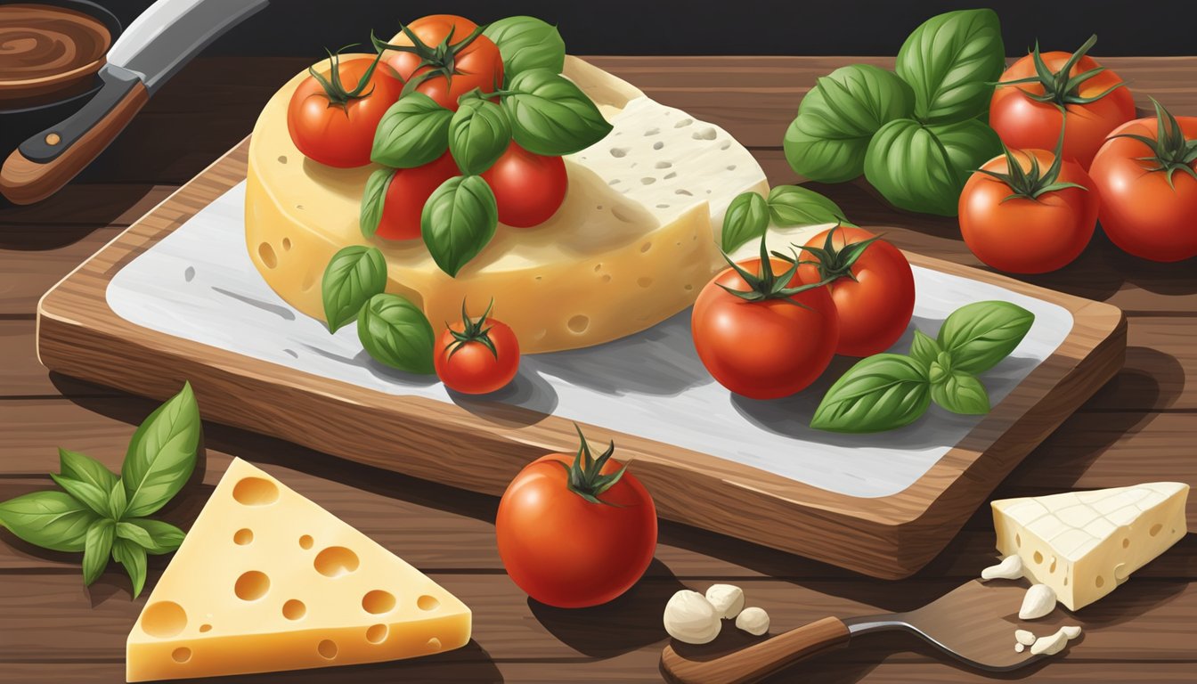 A rustic wooden cutting board with fresh local tomatoes, basil, mozzarella, and balsamic vinegar, alongside a Texas-shaped cheese cutter