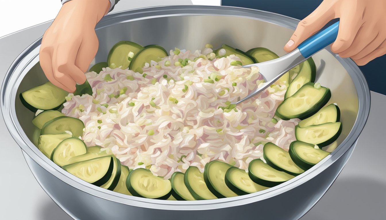 A person mixing canned tuna, mayonnaise, diced onions, and pickles in a large mixing bowl