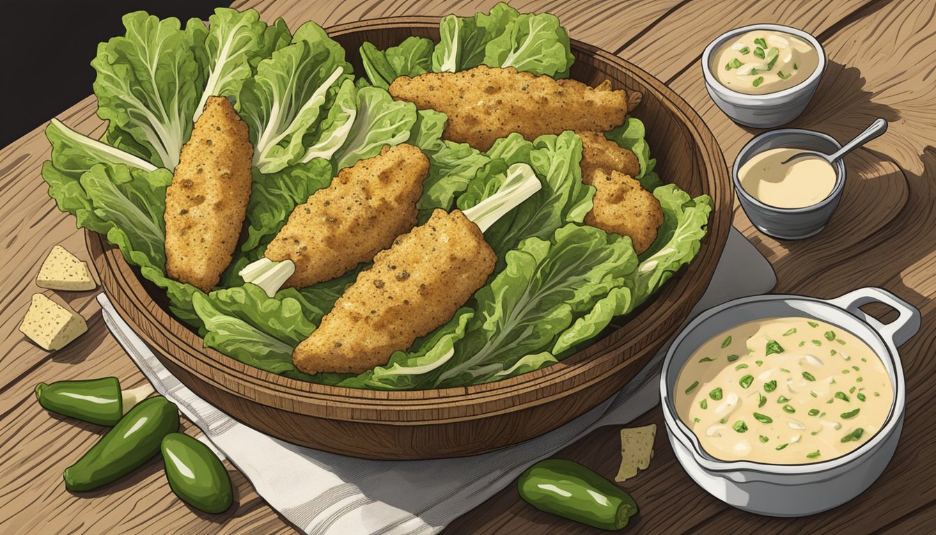 A wooden bowl filled with romaine lettuce, croutons, parmesan cheese, and grilled chicken, drizzled with creamy Caesar dressing. A side of jalapenos and cornbread on a rustic table