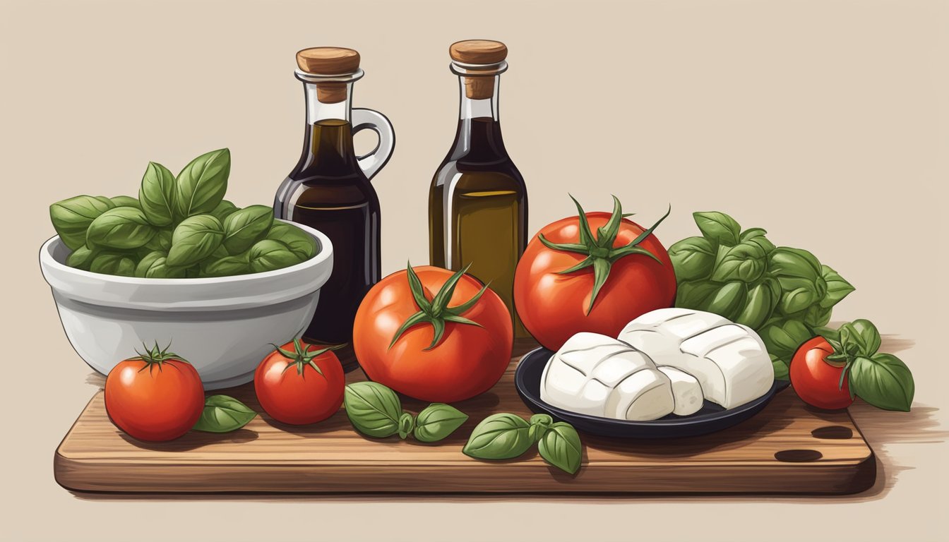 Fresh local tomatoes, vibrant basil, and creamy mozzarella arranged on a rustic wooden board, with a bottle of olive oil and a bowl of balsamic vinegar nearby