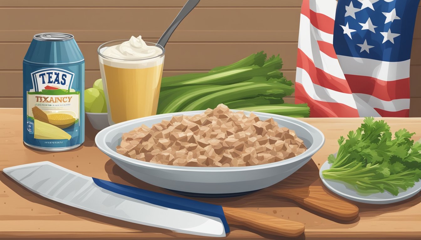 A kitchen counter with a cutting board, knife, cans of tuna, mayo, celery, and spices. A bowl of mixed ingredients with a Texas flag napkin