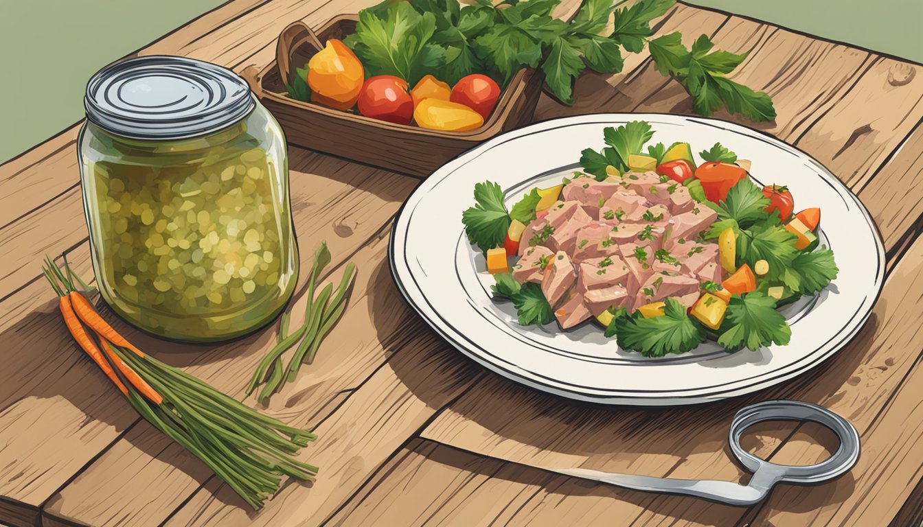 A rustic wooden table with fresh ingredients: canned tuna, chopped vegetables, and a bottle of homemade vinaigrette