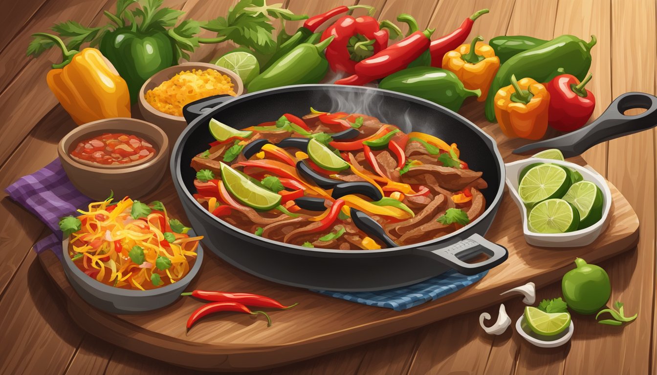 A sizzling skillet of fajitas, a pot of spicy chili, and a colorful array of fresh ingredients spread out on a wooden cutting board