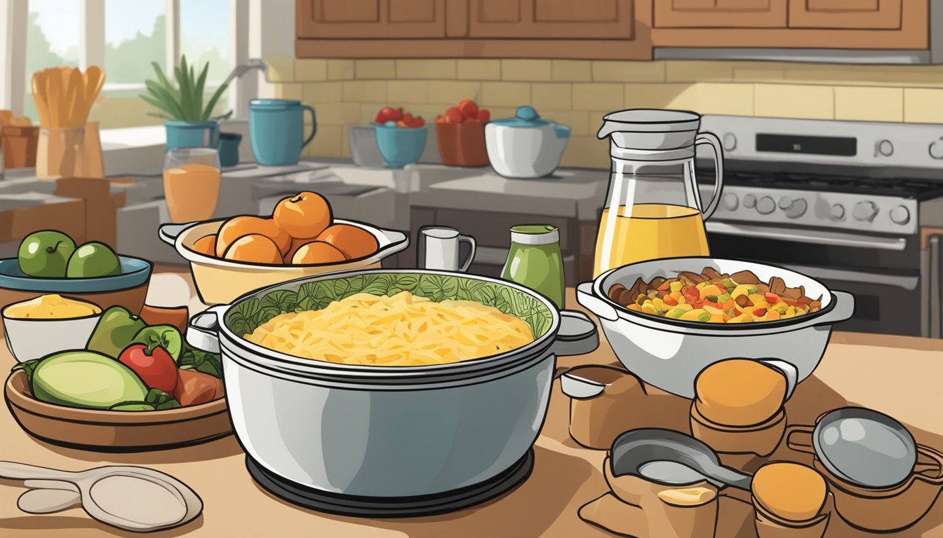 A kitchen counter with a mixing bowl, whisk, measuring cups, and various ingredients for a Tex Mex breakfast casserole. A casserole dish and oven in the background