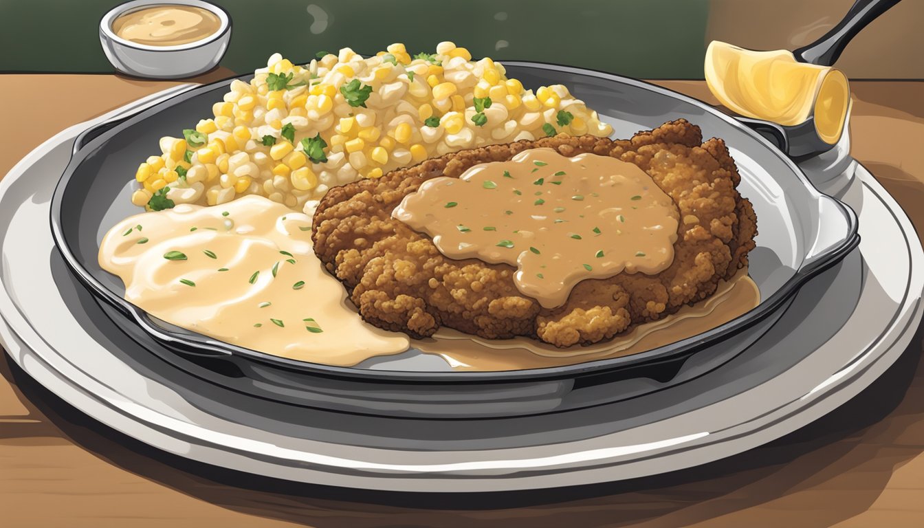 A sizzling skillet holds a golden-brown chicken fried steak, topped with creamy gravy and served with a side of mashed potatoes and buttery corn