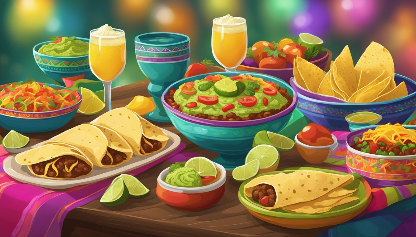 A festive table set with colorful Tex-Mex dishes, including tacos, enchiladas, guacamole, and margaritas. Bright decorations and lively music create a fun and inviting atmosphere