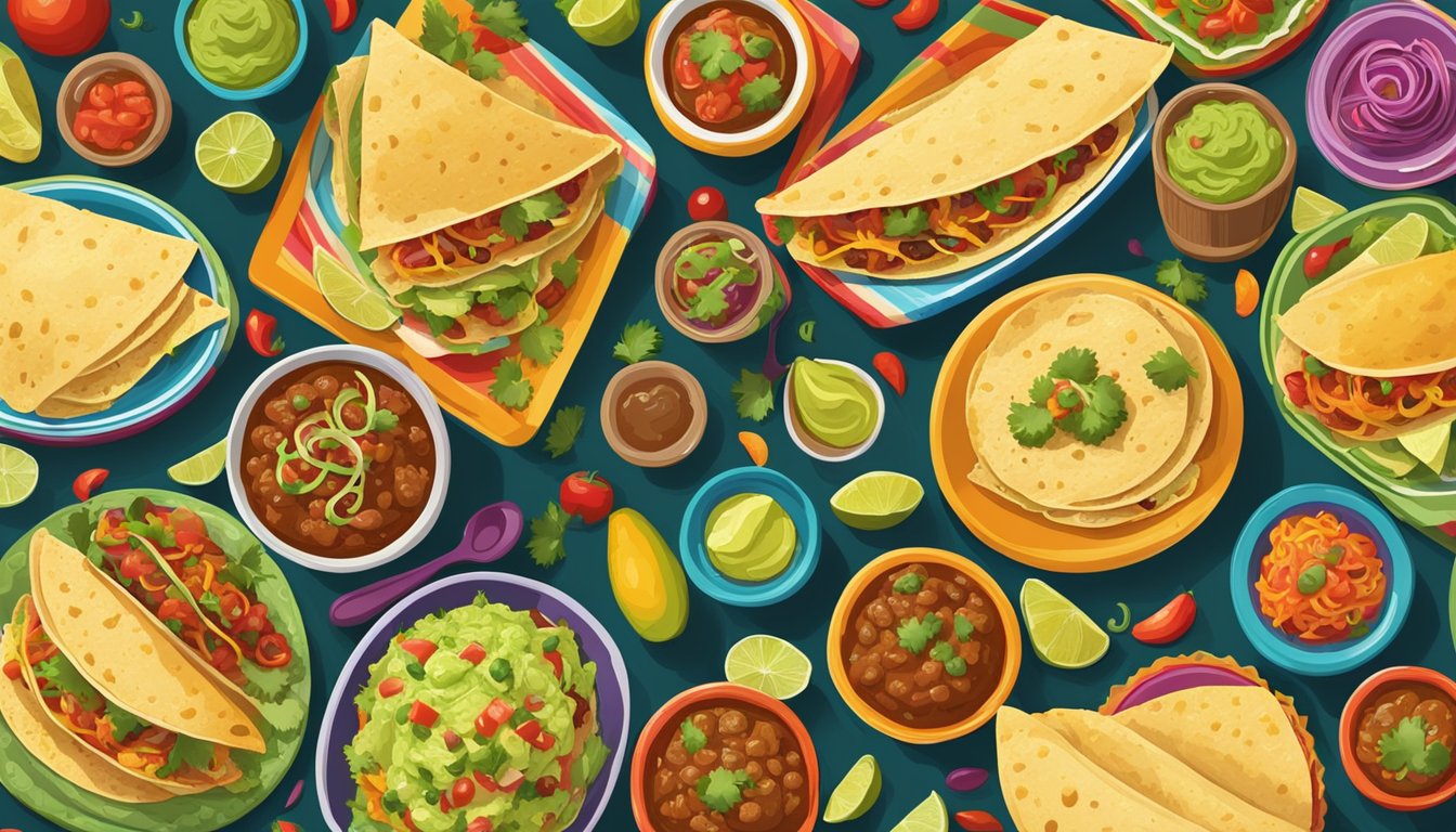 A table set with colorful Tex Mex dishes, including tacos, enchiladas, guacamole, and salsa. Brightly colored decorations and serving platters add to the festive atmosphere