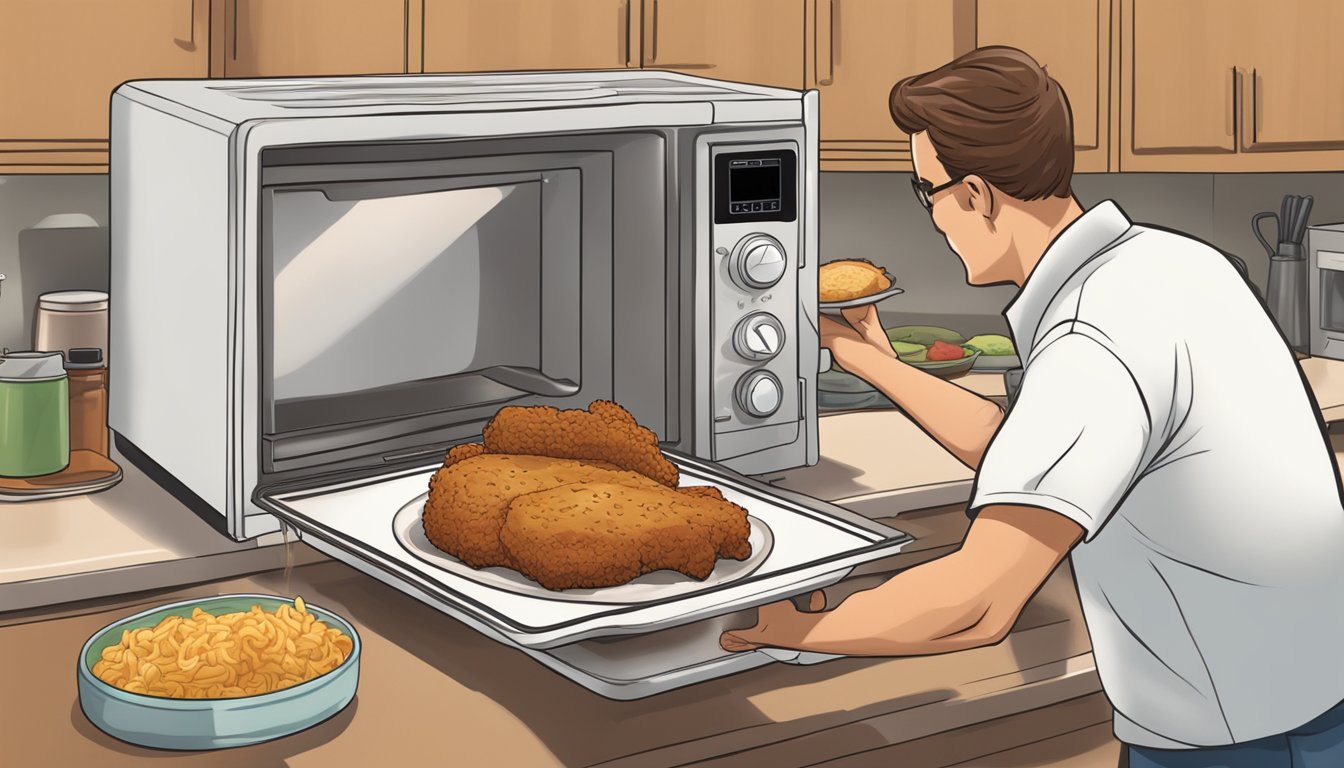 A sizzling Texas chicken fried steak being placed in a container for storage, with a microwave in the background for reheating