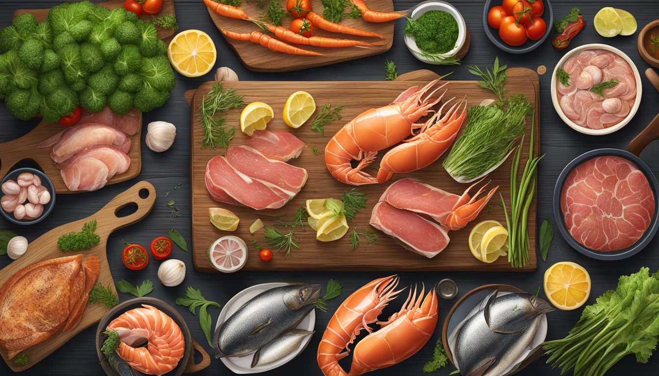 A rustic wooden table displays a spread of fresh seafood and prime cuts of beef, surrounded by vibrant vegetables and herbs