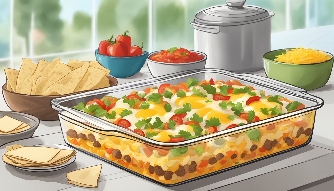 A colorful Tex-Mex breakfast casserole being assembled with layers of tortillas, eggs, cheese, peppers, onions, and salsa in a glass baking dish