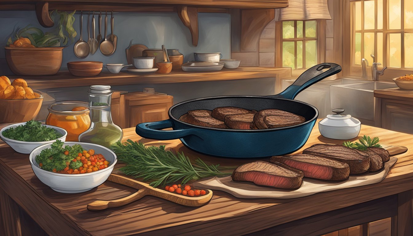 A rustic Texas kitchen with a cast iron skillet sizzling with venison steaks, surrounded by spices, herbs, and a cowboy hat