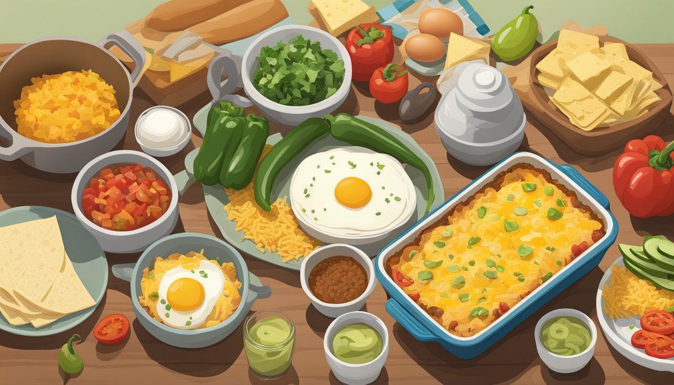 A kitchen counter with various ingredients laid out for a Tex Mex breakfast casserole, including eggs, cheese, peppers, onions, and tortillas